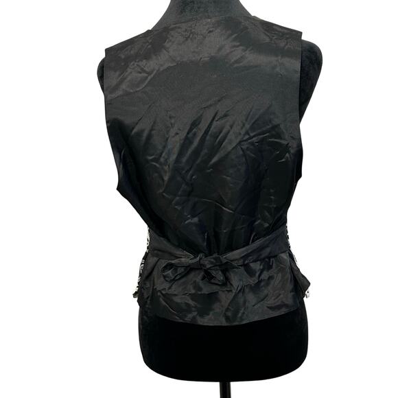 Vintage ICE Black Floral Embroidered Vest Medium Button Front Tie Back - Picture 2 of 13